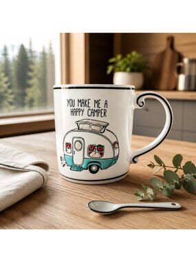You Make Me A Happy Camper Ceramic Coffee Mug With Retro Camper Design 16 oz